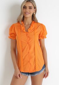 Born2be - Pomarańczowa Koszula z Bufiastymi Rękawami i Koronkowymi Tasiemkami Jasly. Kolor: pomarańczowy. Materiał: koronka. Długość rękawa: krótki rękaw. Długość: krótkie. Wzór: aplikacja. Sezon: wiosna, lato #3