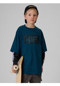 4f - 4F T-shirt loose z nadrukiem chłopięcy - turkusowy 122/128 (6-8 lat). Okazja: na co dzień. Kolor: turkusowy. Materiał: dzianina, bawełna, materiał. Wzór: nadruk. Sezon: lato. Styl: casual, klasyczny #1