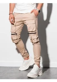 Ombre Clothing - Spodnie męskie joggery P995 - beżowe - XXL. Kolor: beżowy. Materiał: bawełna, elastan #1