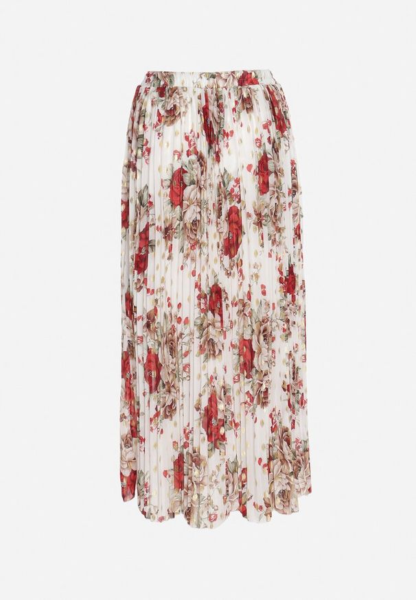 Born2be - Biała Kwiecista Spódnica o Rozkloszowanym Kroju z Metalicznym Zdobieniem Folariva. Okazja: na co dzień. Kolor: biały. Wzór: aplikacja. Styl: elegancki, casual