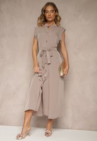 Renee - Brązowa Sukienka z Paskiem Koszulowa o Rozkloszowanym Fasonie Mavoselle. Okazja: na co dzień. Kolor: brązowy. Materiał: jeans. Typ sukienki: koszulowe. Styl: casual, elegancki #3