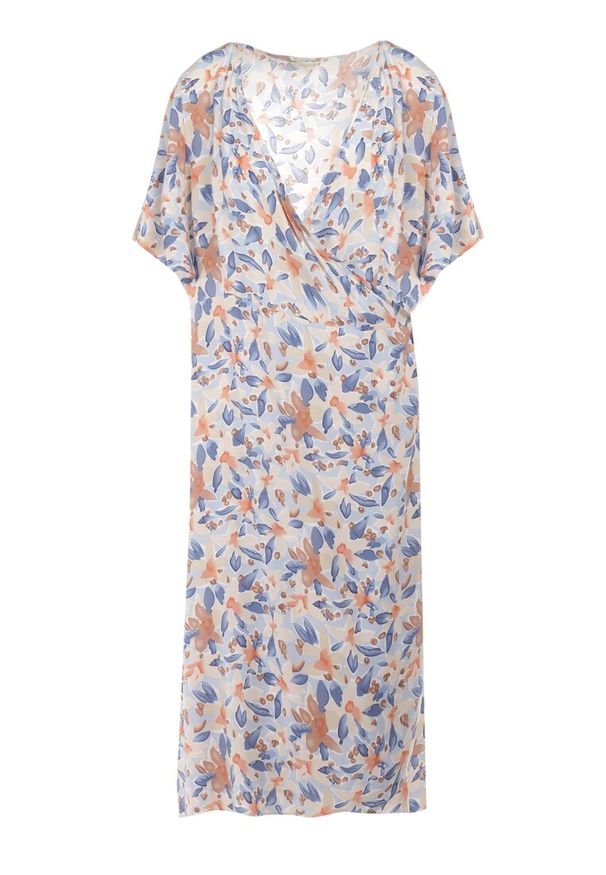 Born2be - Jasnoniebieska Sukienka z Wiskozy Hermereia. Kolekcja: plus size. Kolor: niebieski. Materiał: wiskoza. Długość rękawa: krótki rękaw. Wzór: aplikacja, kwiaty. Typ sukienki: dla puszystych, kopertowe. Styl: retro. Długość: midi
