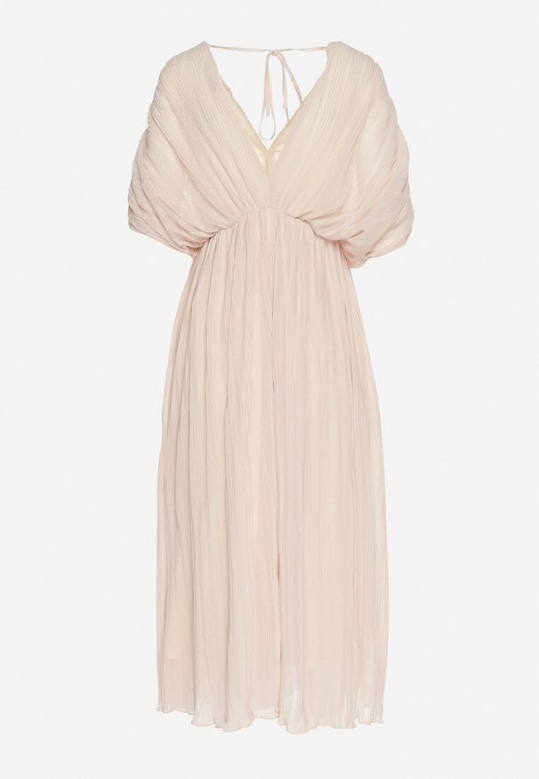 Born2be - Beżowa Sukienka Rozkloszowana z Wiązaniem na Szyi o Luźnym Kroju Napila. Okazja: na co dzień. Typ kołnierza: dekolt w kształcie V. Kolor: beżowy. Styl: elegancki, casual, klasyczny