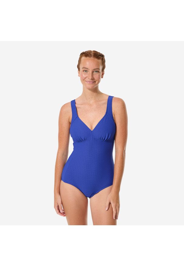 Decathlon - Strój jednoczęściowy pływacki damski Nabaiji Rosy gofrowany. Kolor: niebieski. Materiał: poliester, elastan, poliamid, materiał