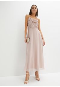 bonprix - Długa sukienka z aplikacją z perełek. Kolor: różowy. Wzór: aplikacja. Długość: maxi