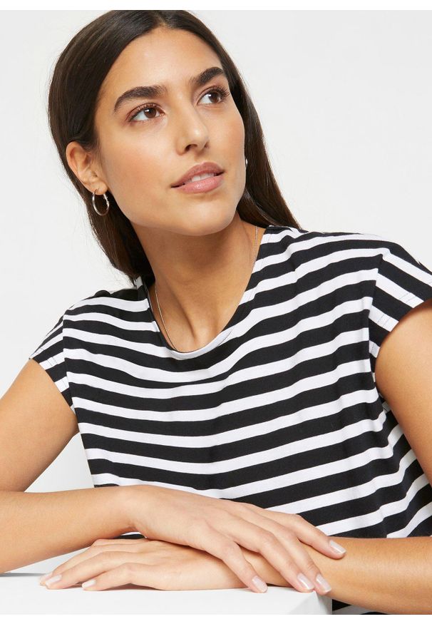 bonprix - Shirt w paski, z bawełny organicznej. Kolor: czarny. Materiał: bawełna, materiał. Wzór: paski