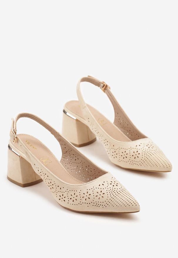Renee - Beżowe Sandały Vices na Słupku Slingback ze Skórzaną Wkładką i Ażurowym Wzorem Iffinira. Zapięcie: sprzączka. Kolor: beżowy. Materiał: skóra. Wzór: ażurowy. Sezon: lato. Obcas: na słupku. Wysokość obcasa: średni