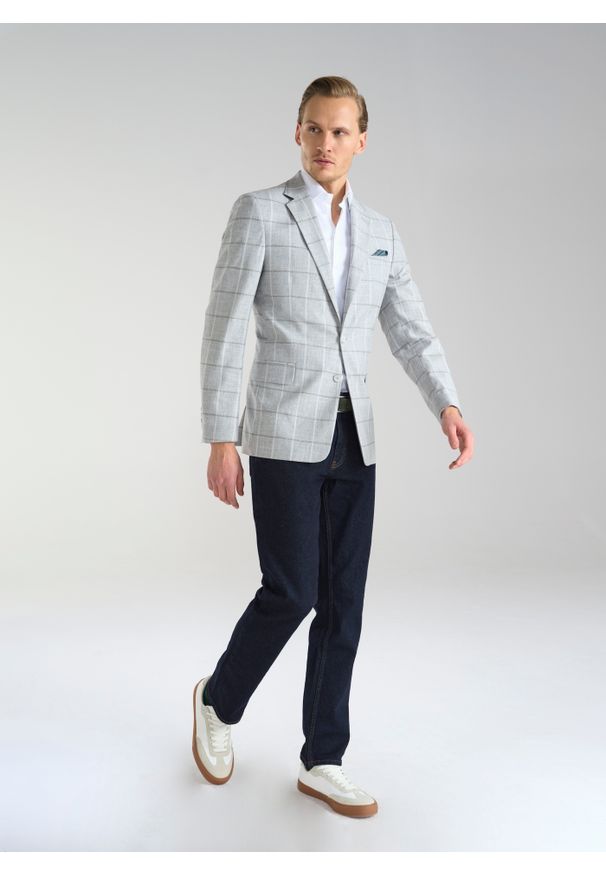 Pako Lorente - PAKO LORENTE – Jasnoszara marynarka męska w kratkę. Okazja: na co dzień. Kolor: szary. Wzór: kratka. Styl: elegancki, casual, sportowy