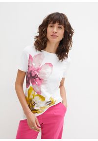 bonprix - Shirt z krótkim rękawem, z wiskozy. Kolor: biały. Materiał: wiskoza. Długość rękawa: krótki rękaw. Długość: krótkie. Wzór: kwiaty, nadruk