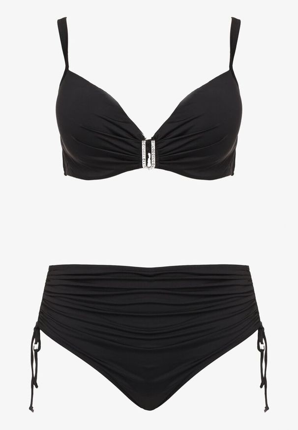 Born2be - Czarne Bikini Biustonosz z Marszczeniem i Majtki Figi ze Ściągaczami Kinevia. Kolekcja: plus size. Kolor: czarny