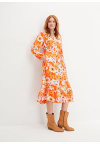 bonprix - Sukienka z tkaniny z wiskozy, z kieszeniami. Typ kołnierza: dekolt w serek. Kolor: pomarańczowy. Materiał: tkanina, wiskoza #1