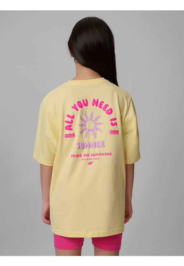 4f - 4F T-shirt loose z nadrukiem dziewczęcy - żółty 158 (12-13 lat). Okazja: na uczelnię, na co dzień, na spacer. Kolor: żółty. Materiał: materiał, bawełna, skóra, dzianina. Wzór: nadruk. Sezon: lato. Styl: casual