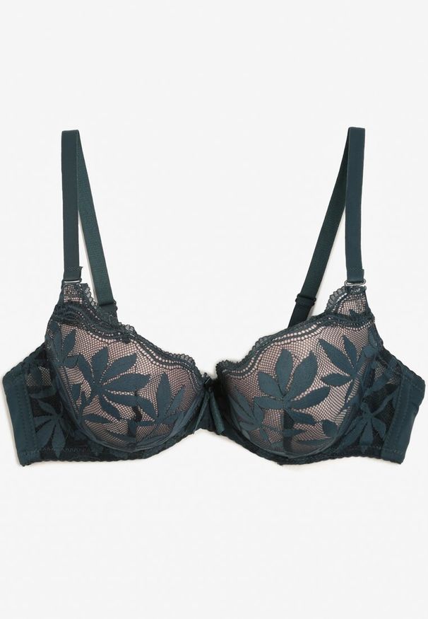 Renee - Ciemnozielony Biustonosz Typu Full Cup z Koronką Ellanis. Kolor: zielony. Materiał: koronka. Wzór: koronka
