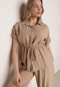 Born2be - Beżowy Wiskozowy Komplet Spodnie i Bluzka Koszulowa z Wiązaniem w Talii Irinryss. Kolor: beżowy. Materiał: wiskoza #5