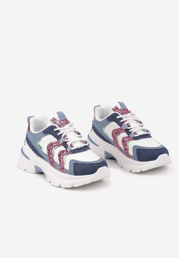 Born2be - Niebieskie Sneakersy na Grubej Podeszwie z Brokatowymi Wstawkami Sairiel. Okazja: na co dzień. Nosek buta: okrągły. Zapięcie: sznurówki. Kolor: niebieski. Materiał: nubuk, bawełna, syntetyk, materiał, jeans. Sezon: lato, wiosna. Obcas: na obcasie. Wysokość obcasa: niski