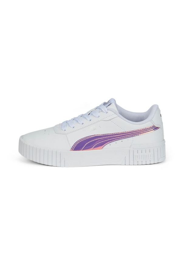 Puma - Młodzieżowe sneakersy Carina 2.0 Holo PUMA White Silver Gray. Okazja: na plażę. Kolor: szary, biały, wielokolorowy. Materiał: guma. Sezon: lato. Sport: turystyka piesza