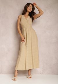 Renee - Beżowo-Złota Sukienka Sematea. Kolor: beżowy. Wzór: aplikacja. Typ sukienki: kopertowe, rozkloszowane. Styl: elegancki. Długość: maxi #3