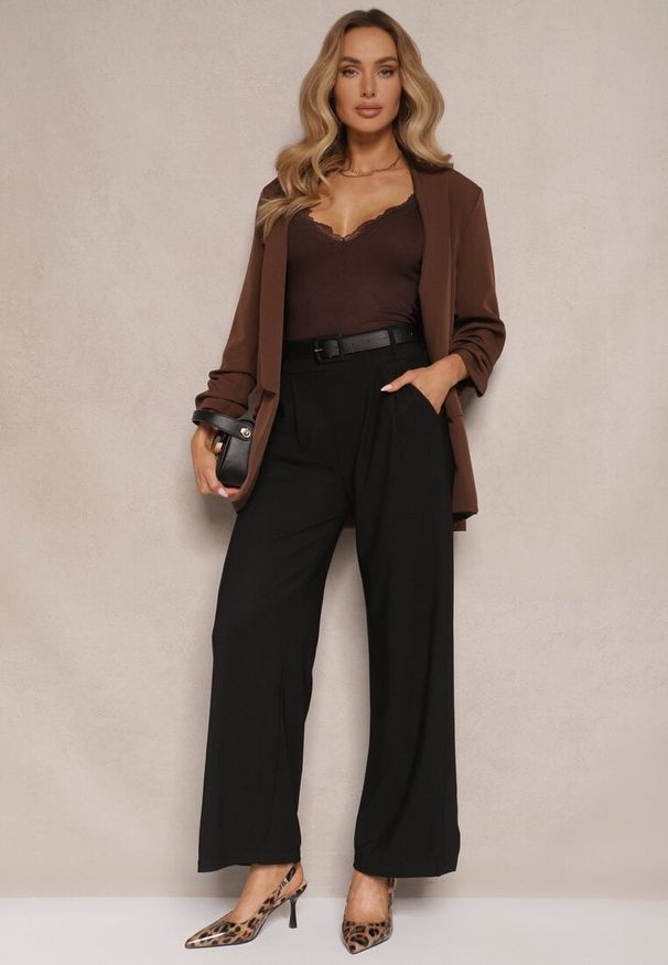 Renee - Czarne Garniturowe Spodnie High Waist z Gumką i Dodatkowym Paskiem w Talii Mattine. Stan: podwyższony. Kolor: czarny. Materiał: dzianina