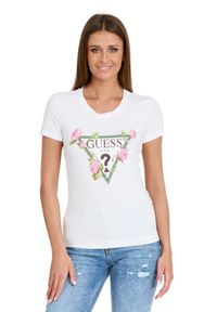 Guess - GUESS Biały t-shirt Floral Triangle Tee. Kolor: biały #4