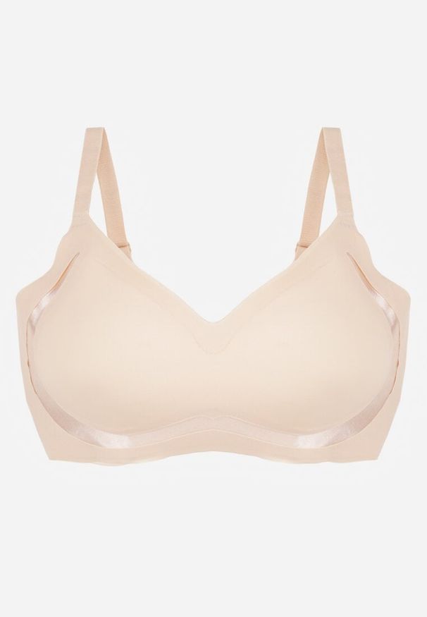 Renee - Beżowy Biustonosz Ozdobiona Przezroczystymi Wstawkami z Usztywnieniem Seanael. Kolor: beżowy. Materiał: dresówka. Rodzaj stanika: przezroczysty. Wzór: aplikacja