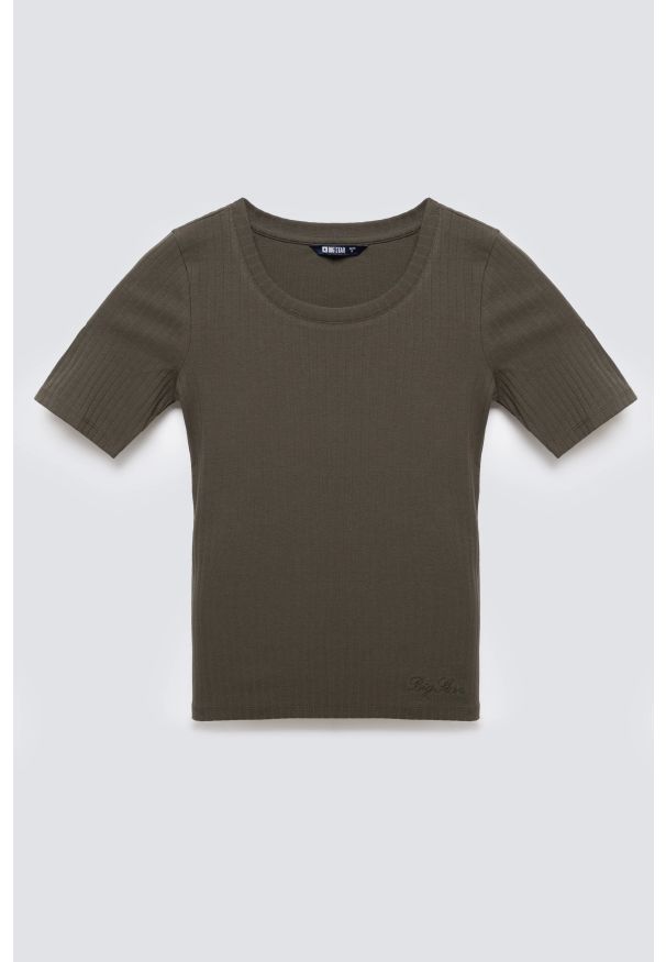 Big-Star - Koszulka damska w prążek khaki Asterca 303. Kolor: zielony. Materiał: jeans, prążkowany, dzianina. Wzór: prążki. Styl: klasyczny, elegancki