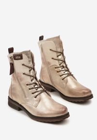 Renee - Złote Botki w Stylu Vintage ze Sznurowaniem Vemlora. Okazja: na co dzień. Zapięcie: zamek. Kolor: złoty. Materiał: jeans, skóra. Wzór: aplikacja. Styl: vintage