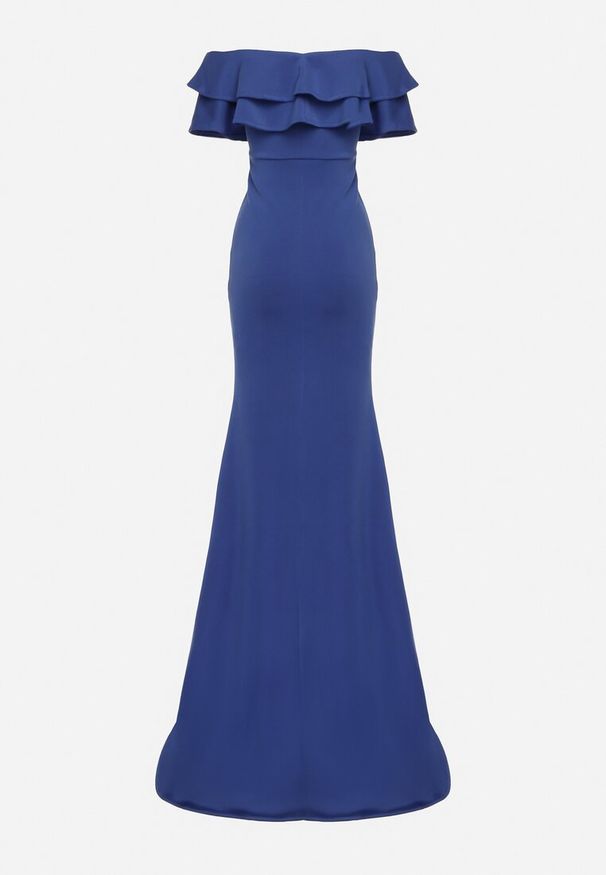 Born2be - Granatowa Elegancka Sukienka Typu Hiszpanka z Rozkloszowanym Dołem i Wycięciami Tumini. Okazja: na imprezę. Typ kołnierza: dekolt hiszpanka. Kolor: niebieski. Materiał: skóra. Długość rękawa: krótki rękaw. Typ sukienki: dopasowane, rozkloszowane. Styl: elegancki