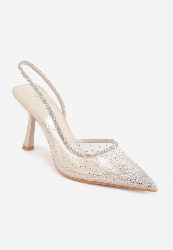 Renee - Beżowe Szpilki Slingback z Transparentną Cholewką i Cyrkoniami Liaceran. Okazja: na imprezę. Kolor: beżowy. Szerokość cholewki: normalna. Obcas: na szpilce. Styl: glamour, wizytowy