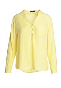 Born2be - Żółta Bluzka Fiber. Typ kołnierza: kołnierzyk stójkowy. Kolor: żółty. Materiał: jeans. Długość rękawa: długi rękaw. Długość: długie. Wzór: aplikacja, gładki #7