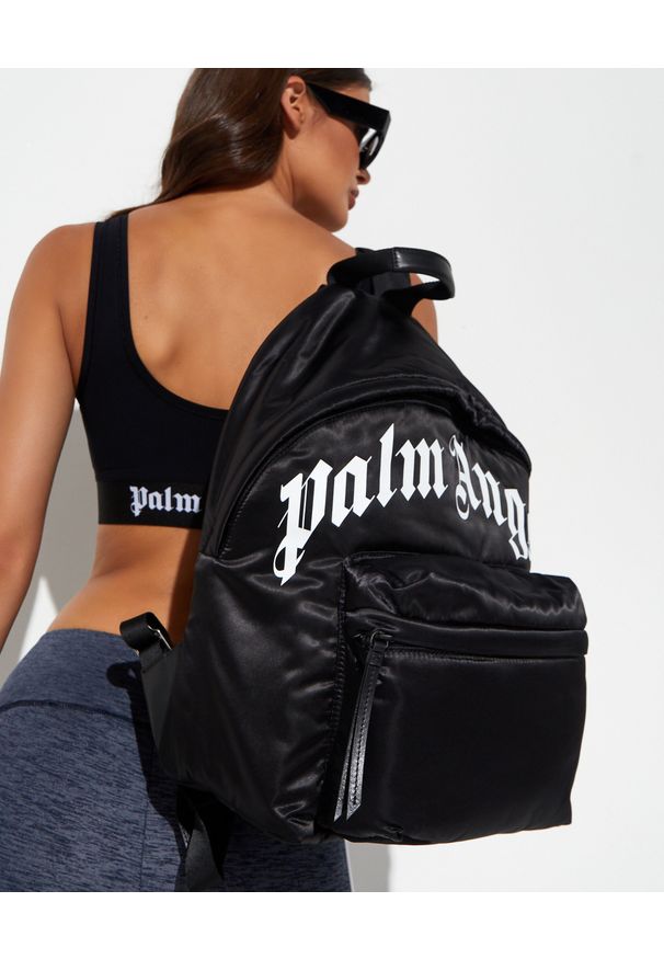 PALM ANGELS - Czarny plecak z logo. Kolor: czarny. Materiał: nylon. Wzór: paski