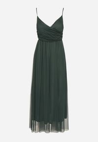 Born2be - Ciemnozielona Sukienka Koktajlowa z Tiulową Siateczką Devinae. Okazja: na imprezę, na co dzień. Typ kołnierza: dekolt w kształcie V. Kolor: zielony. Materiał: tiul. Długość rękawa: na ramiączkach. Sezon: lato. Styl: wizytowy #2