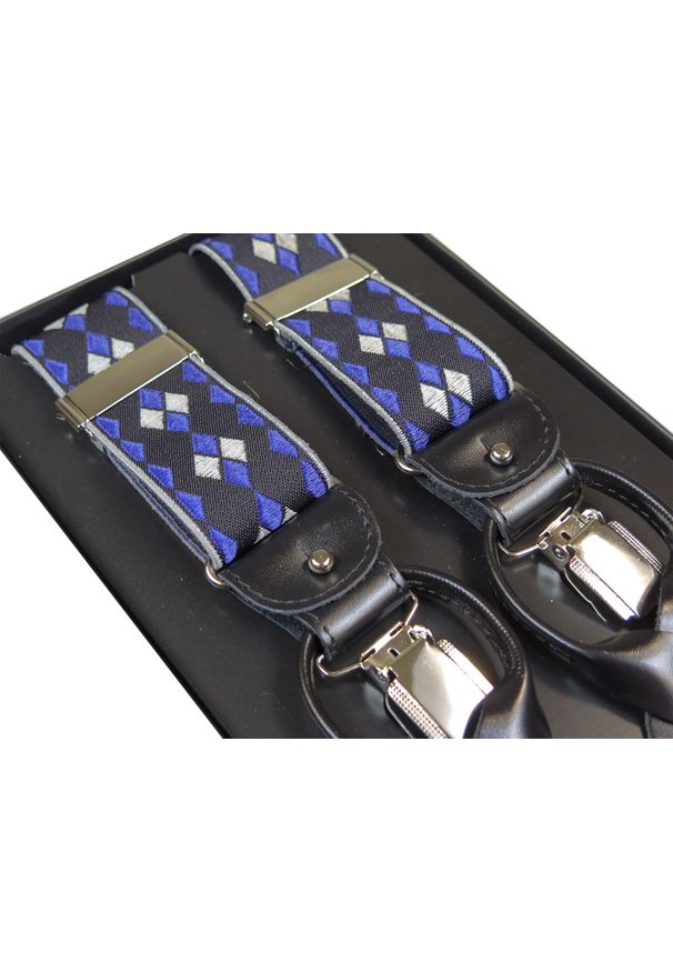 Modini - Czarne szelki na guziki w granatowe i szare romby G27. Kolor: szary, czarny, wielokolorowy, niebieski. Materiał: skóra, guma