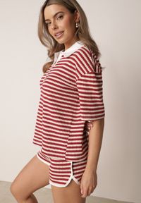 Born2be - Beżowo-Czerwony Dzianinowy Komplet Oversize w Paski Koszulka Polo i Szorty Tesanore. Kolor: beżowy. Materiał: dzianina. Wzór: paski #3