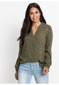 bonprix - Bluzka w kropki. Kolor: zielony. Długość: długie. Wzór: kropki. Styl: elegancki #1