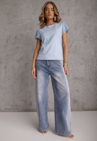 Renee - Niebieski T-shirt z Bawełny z Rękawami z Koronki Hycis. Kolor: niebieski. Materiał: bawełna, koronka. Wzór: koronka #2