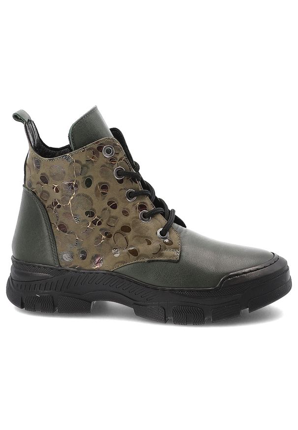 Khaki Botki Artiker Wygodne Obuwie Damskie. Okazja: na co dzień. Zapięcie: sznurówki. Kolor: zielony. Materiał: skóra. Styl: casual, elegancki
