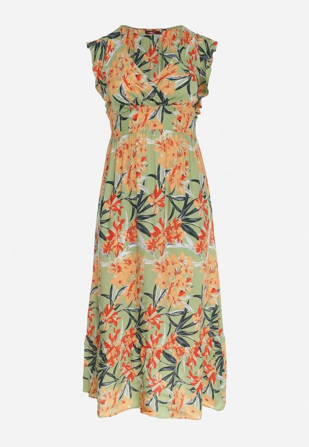 Born2be - Zielona Sukienka Maxi z Gumkami w Talii i Kopertowym Dekoltem Elysa. Okazja: na co dzień. Typ kołnierza: dekolt kopertowy. Kolor: zielony. Długość rękawa: krótki rękaw. Typ sukienki: kopertowe. Styl: casual, elegancki. Długość: maxi