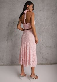 Renee - Różowy Komplet z Koronki Spódnica i Top z Wiązaniem na Szyi Dainetia. Kolor: różowy. Materiał: koronka. Wzór: koronka #6