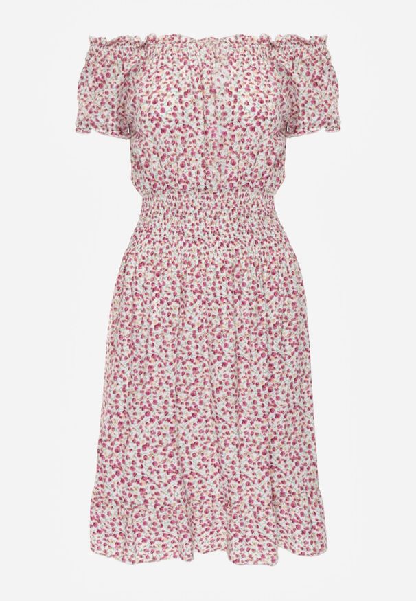 Born2be - Biało-Czerwona Sukienka Hiszpanka z Bawełny z Gumką w Pasie Viliana. Okazja: na co dzień, na spacer. Typ kołnierza: dekolt hiszpanka. Kolor: czerwony. Materiał: bawełna. Długość rękawa: krótki rękaw. Sezon: lato. Styl: casual, elegancki