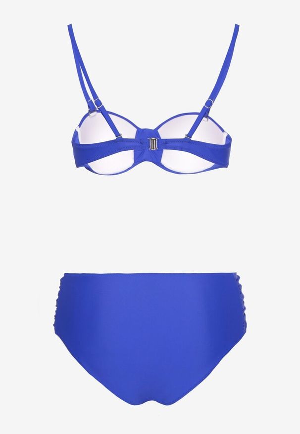 Born2be - Niebieskie Bikini Usztywniany Biustonosz i Figi Ozdobione Marszczeniem Eretelli. Kolor: niebieski. Wzór: aplikacja