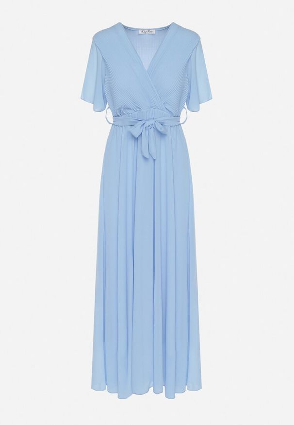 Born2be - Niebieska Kopertowa Sukienka z Gumką w Pasie i Plisowaną Górą Davitri. Kolor: niebieski. Materiał: materiał. Długość rękawa: krótki rękaw. Typ sukienki: kopertowe. Długość: maxi