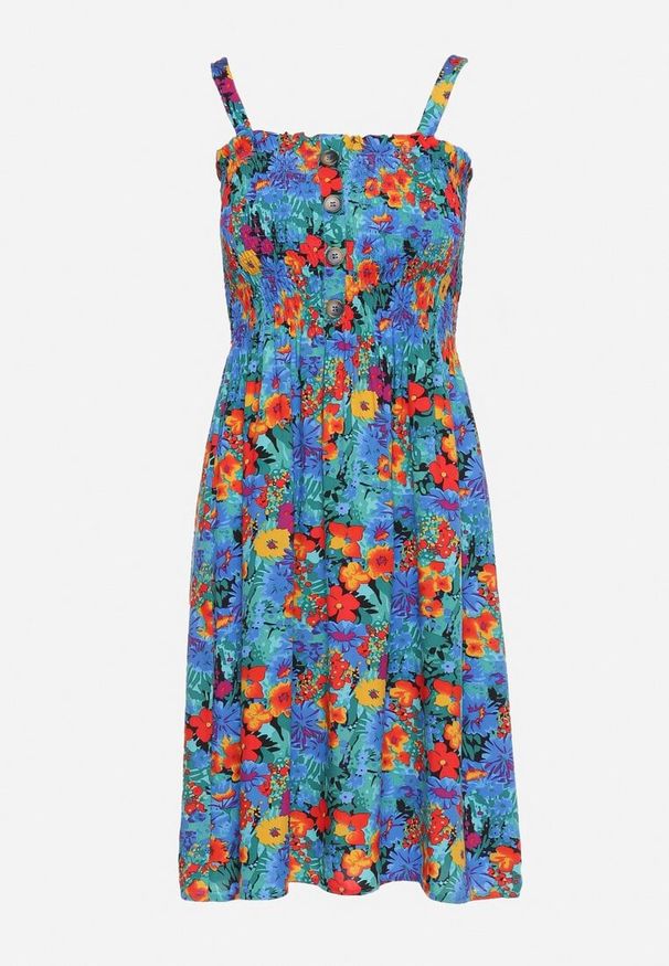 Born2be - Niebiesko-Czerwona Wiskozowa Sukienka z Gumką w Talii na Cienkich Ramiączkach z Guzikami Opelea. Okazja: na co dzień. Kolor: niebieski. Materiał: wiskoza. Długość rękawa: na ramiączkach. Sezon: lato. Styl: casual, elegancki