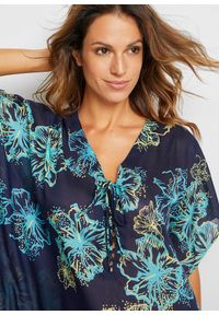 bonprix - Prześwitująca tunika plażowa z dekoltem w serek. Okazja: na plażę. Typ kołnierza: dekolt w serek. Kolor: niebieski. Materiał: materiał. Wzór: nadruk, kwiaty. Styl: elegancki #2