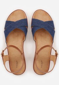 Renee - Niebieskie Płaskie Sandały VICES z Cholewką ze Skrzyżowanymi Paskami Emelika. Zapięcie: pasek. Kolor: niebieski. Wzór: haft. Styl: boho #9