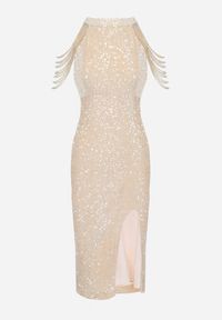 Born2be - Beżowa Błyszcząca Sukienka Midi z Koralikami i Rozcięciem Marsira. Kolor: beżowy. Długość: midi #7