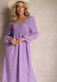 Renee - Fioletowa Midi Sukienka Rozkloszowana w Kropki Gernia. Kolor: fioletowy. Wzór: kropki. Styl: elegancki. Długość: midi #4