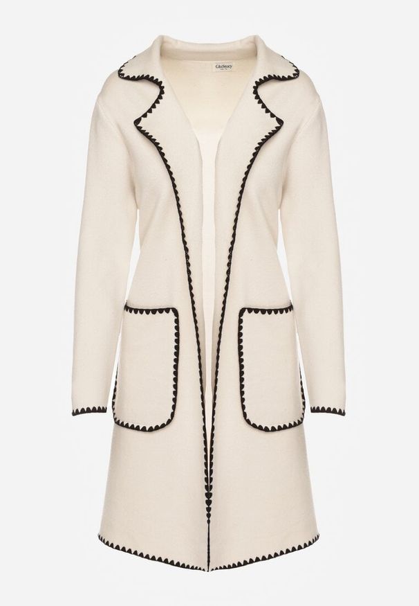 Born2be - Beżowy Kardigan Ozdobiony Lamówką Tusbena. Okazja: na co dzień. Kolor: beżowy. Materiał: jeans. Wzór: aplikacja. Styl: casual, elegancki