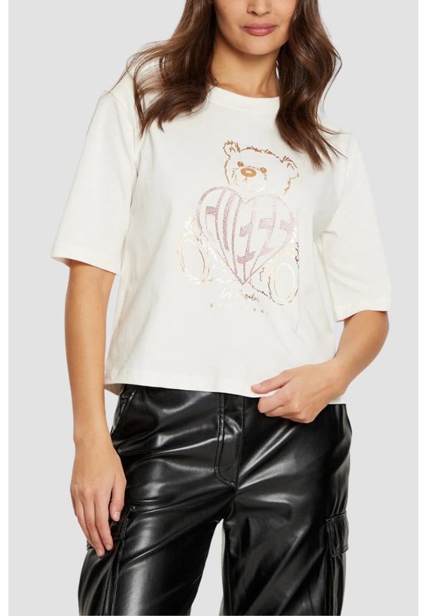Guess - GUESS Beżowy t-shirt damski Bear Boxy. Kolor: beżowy