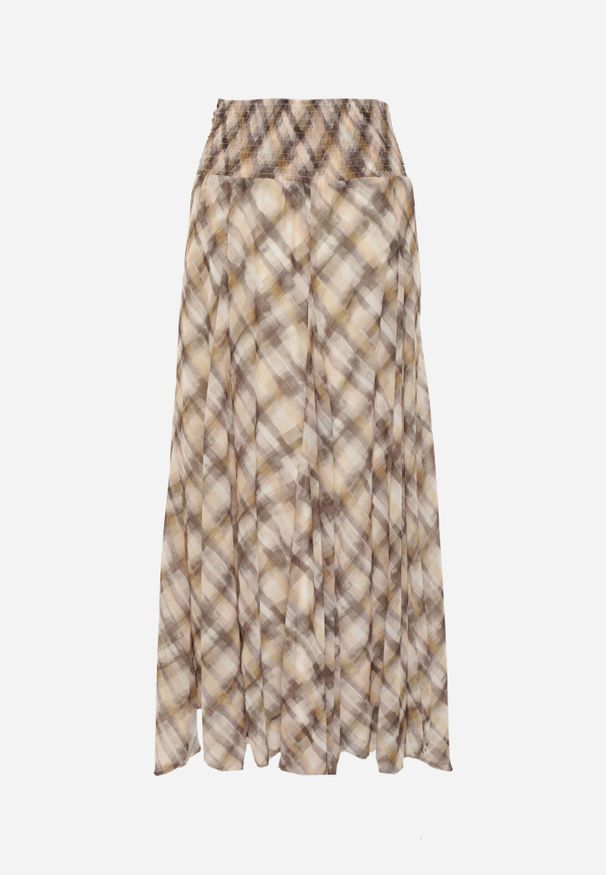 Born2be - Beżowo-Żółta Rozkloszowana Spódnica z Marszczonym Pasem w Talii w Stylu Preppy Jenniea. Okazja: do pracy, na co dzień, na spotkanie biznesowe. Kolor: beżowy. Materiał: dzianina, poliester. Styl: biznesowy, klasyczny, casual