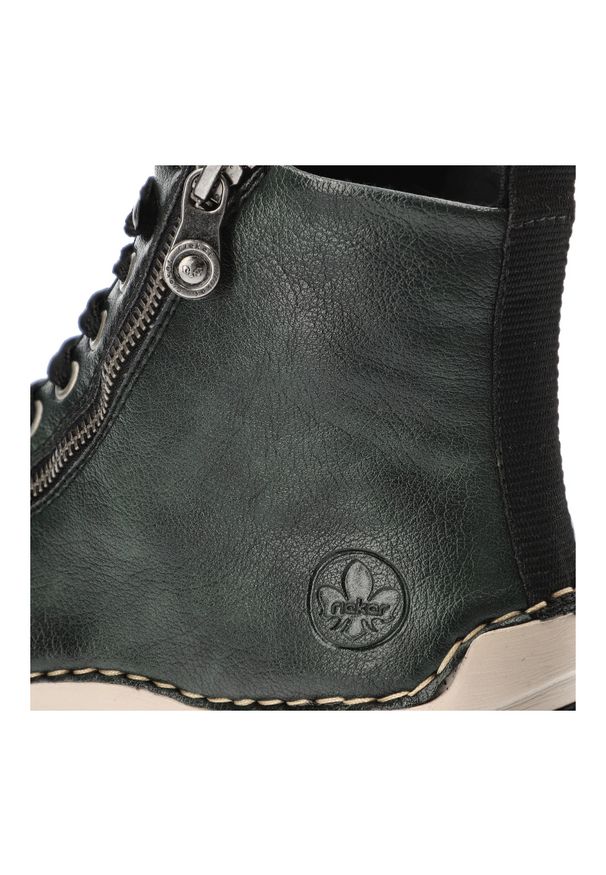 Zielone Botki Rieker Ocieplane Obuwie Damskie. Okazja: na co dzień. Zapięcie: zamek. Kolor: zielony. Materiał: skóra ekologiczna. Styl: casual, elegancki